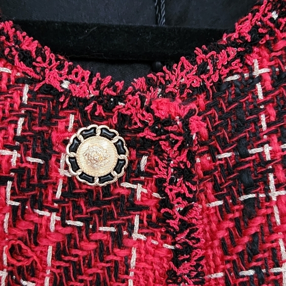 NWT Adrianna Papell Women's Crew Neck Red Black Holiday Tweed Jacket Size M - Picture 2 of 10